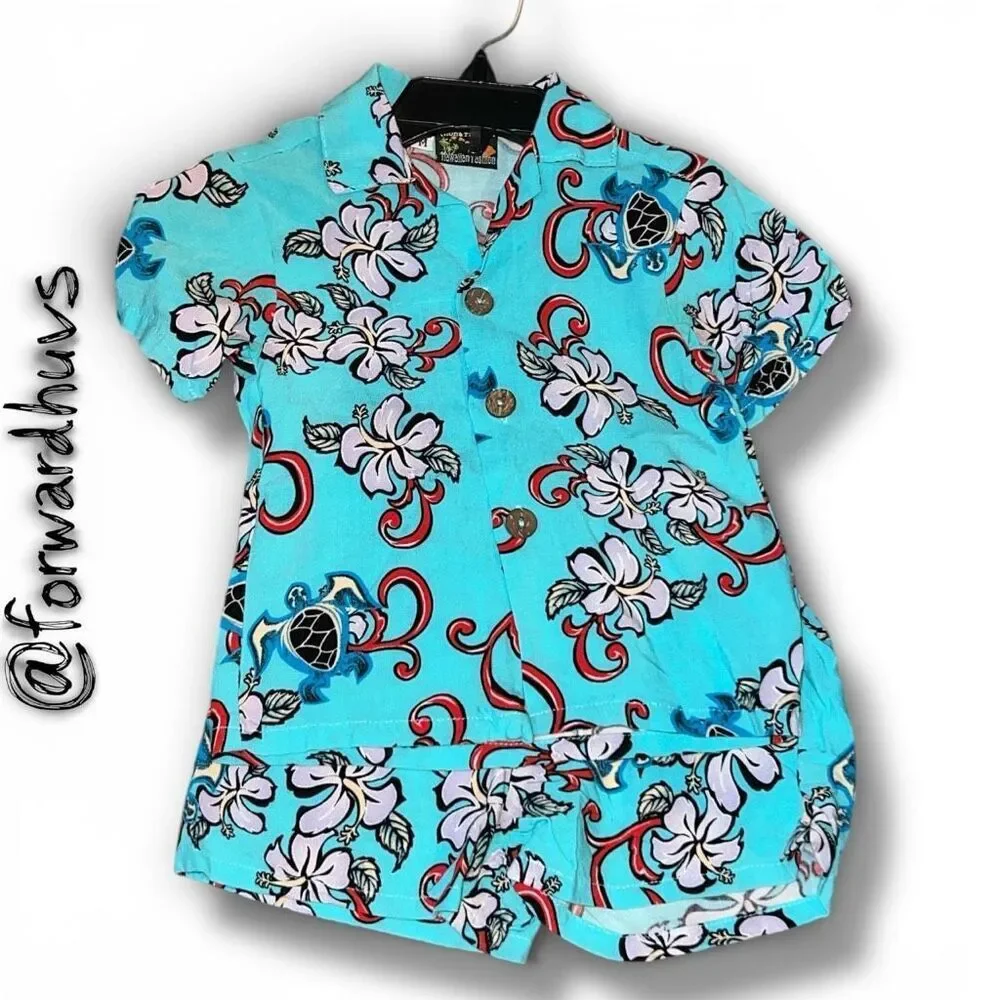 Vintage Hawaiian Baby Set Shirt & Shorts – Sea Turtle Floral Print – Size 12M